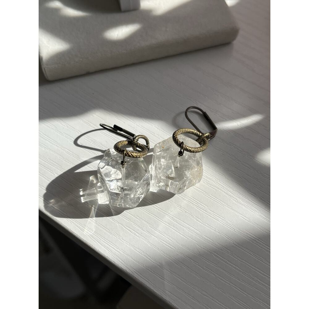 Antique bronze Quartz Crystal Clear Cubed Hexagon drop Earrings, Unique Heavy - Picture 2 of 5